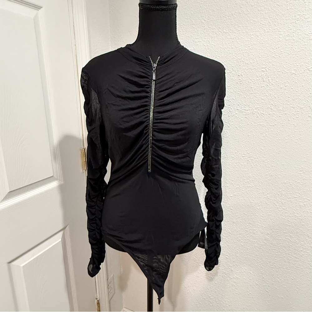 Guess Black Ruched Zip Bodysuit